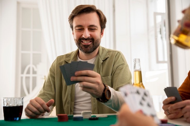 Interface Teen Patti dengan pilihan strategi Interface Teen Patti feritogel menampilkan tangan kartu pemain dan pilihan taruhan